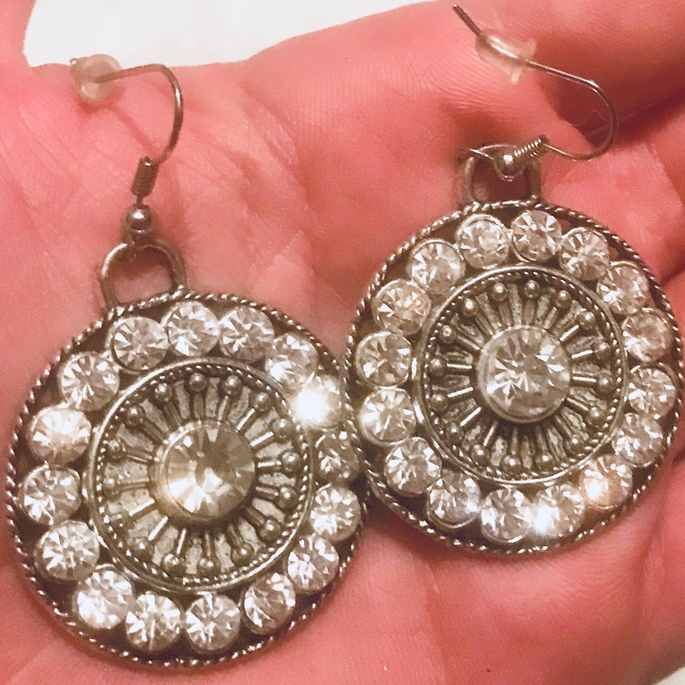 Large Silver Disc Crystal Dangle Earrings - image 7